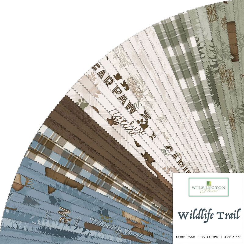 graphic of all the fabrics in the wildlife trail 40 karat crystals set in green, blue, cream, and brown