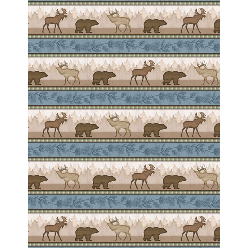 border stripe fabric featuring moose, bears, trees, and branches with pinecones