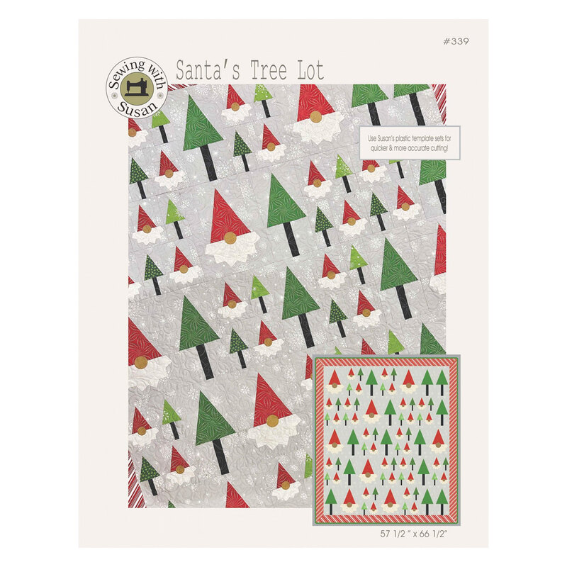 Front of the santa's tree lot pattern with an image of a finished grey quilt that has tree and multiple santa's heads on it