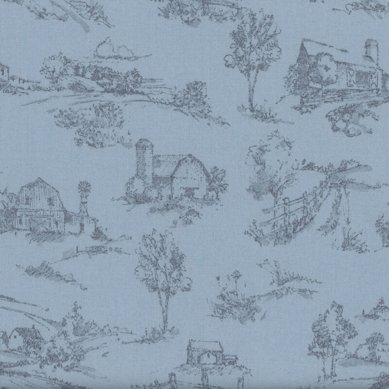 dutch blue fabric featuring scattered tonal sketches of barns, farm houses, and tree lined country paths