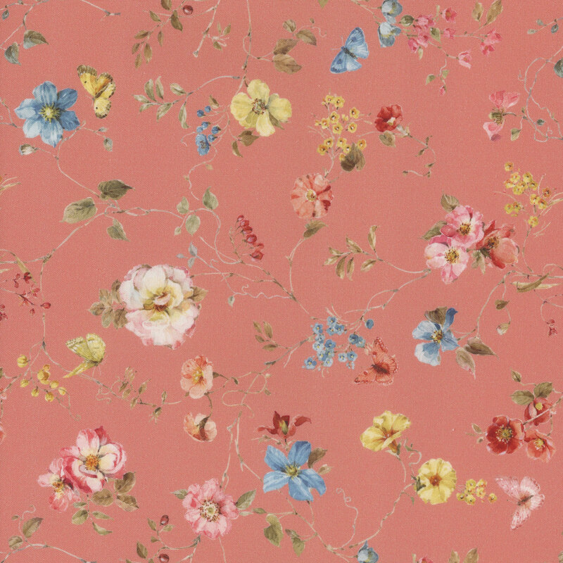 medium pink fabric featuring delicate florals on sprawling vines, with the occasional butterfly fluttering by