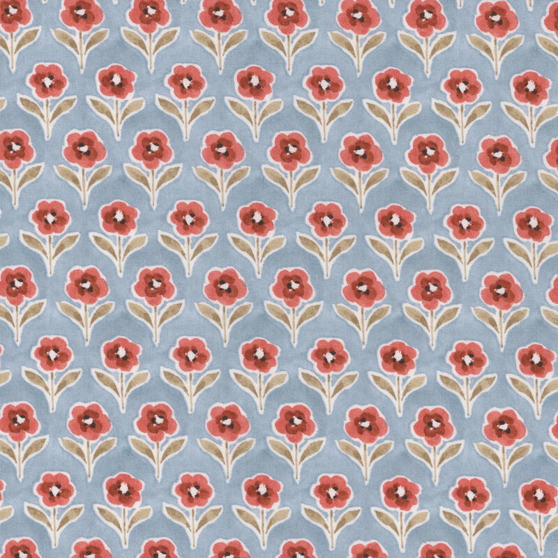 dutch blue fabric featuring evenly spaced rows of red flowers