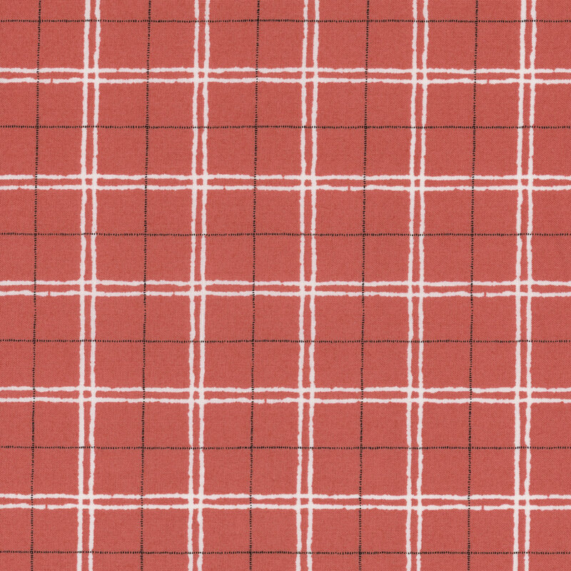 dark pink plaid fabric featuring sketched cream and brown lines