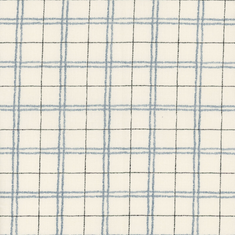 off white plaid fabric featuring sketched dutch blue and brown lines