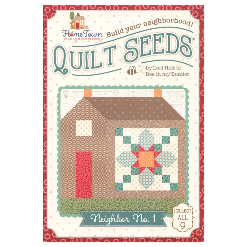 front of the quilt seeds home town block quilting pattern with an example of the finished house on it