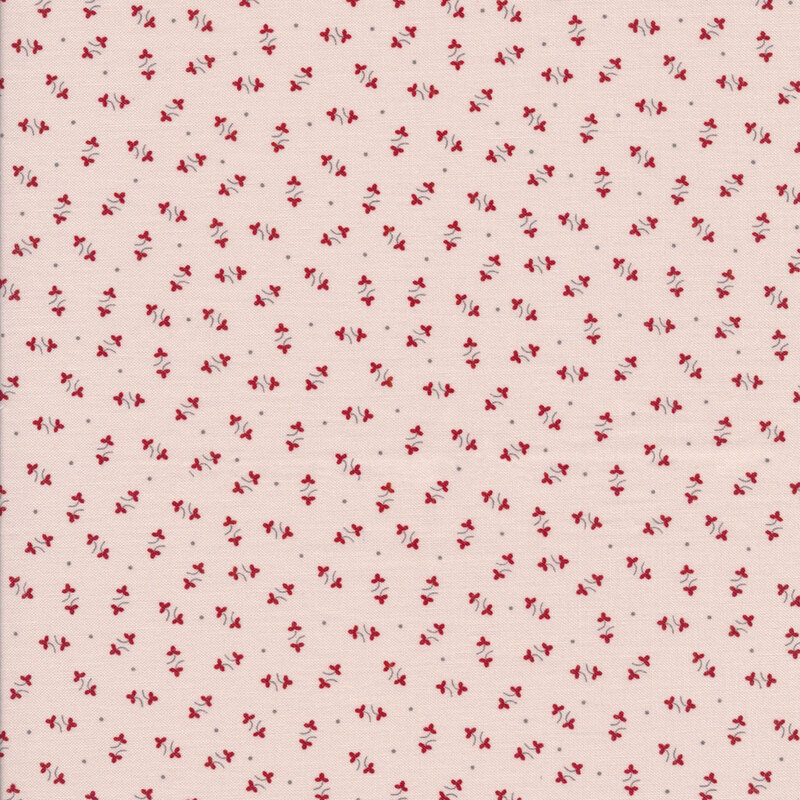 classic cream fabric featuring a red floral ditsy pattern, with small scattered black dots interspersed throughout