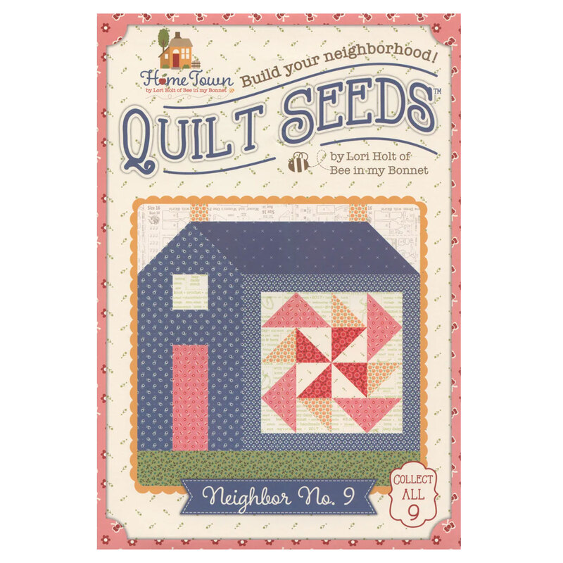 front of the quilt seeds home town block quilting pattern with an example of the finished house on it