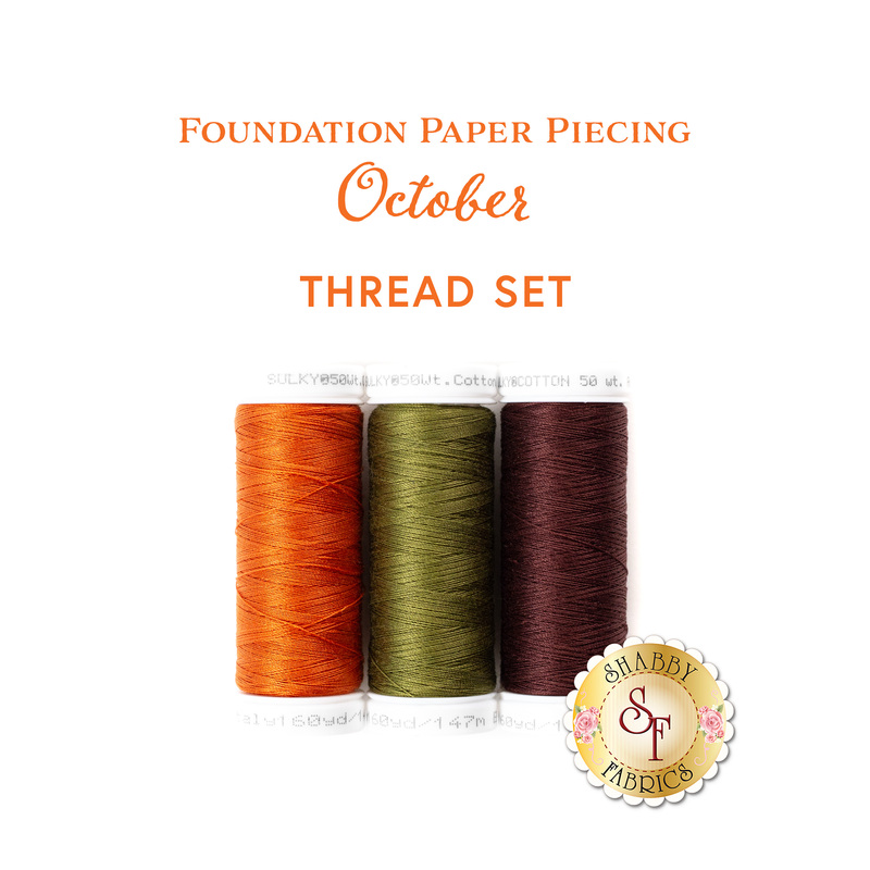 Photo of 3 spools of thread in brown, orange, and green with the words 