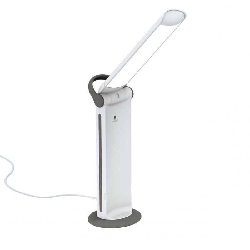 A white foldable stand lamp against a flat white background