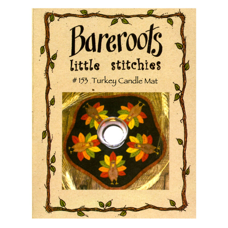 Image of a craft pattern package from Bareroots, titled Little Stitchies #153 Turkey Candle Mat. The package features an illustration of a dark-colored candle mat adorned with colorful turkey and leaf designs, and a circular opening in the center. Decorative vines outline the package's border.