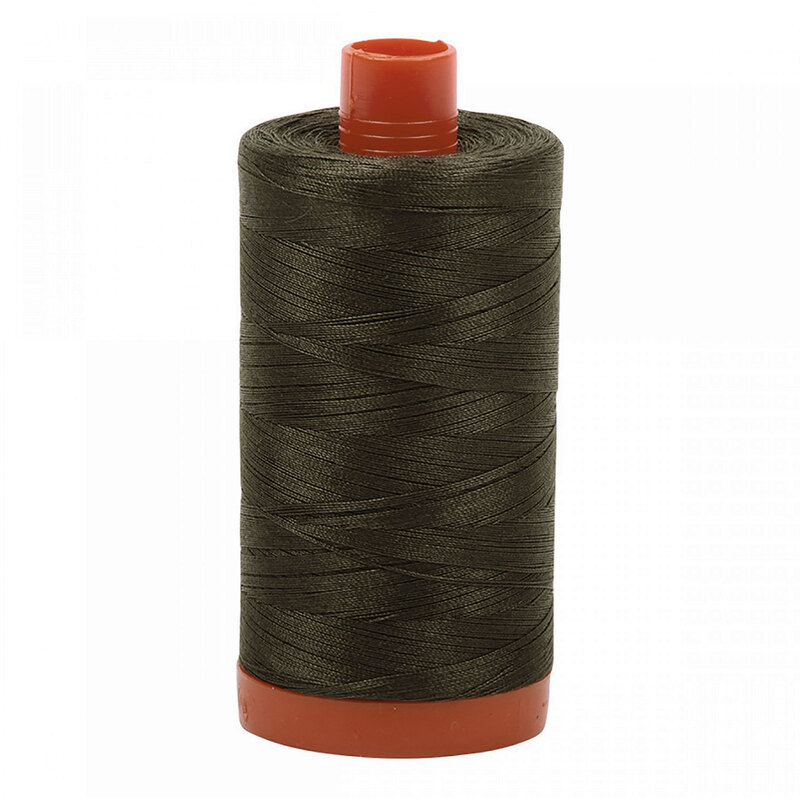 A spool of Aurifil 5013 - Asphalt thread on a white background