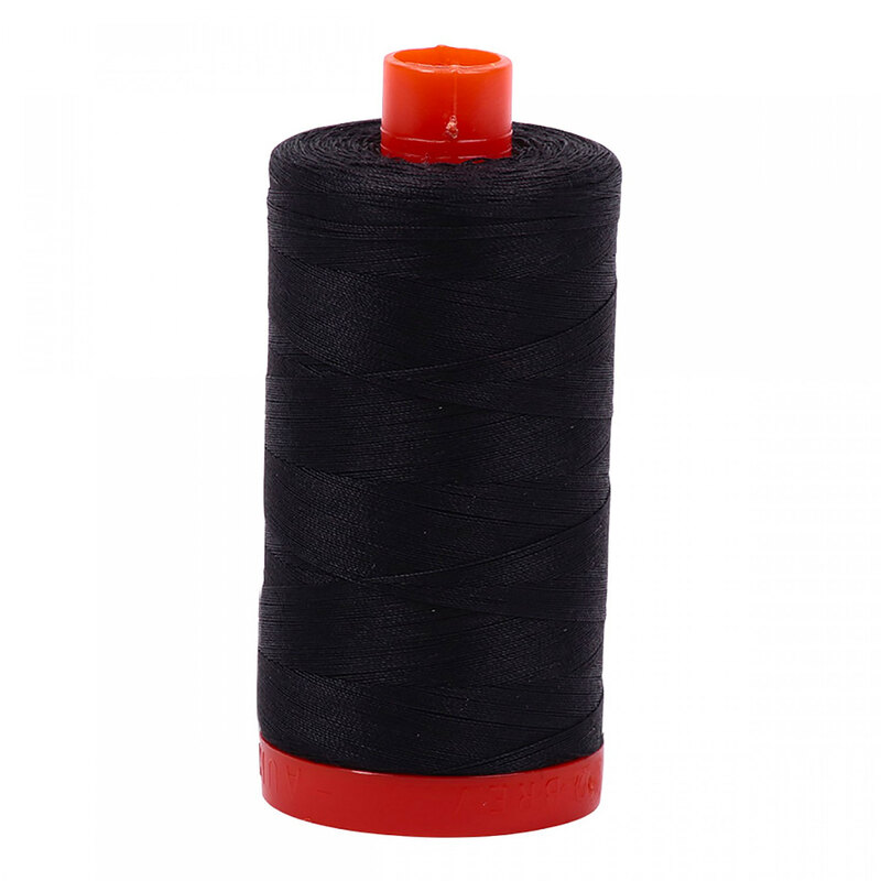 A spool of Aurifil 4241 -Very Dark Grey thread on a white background