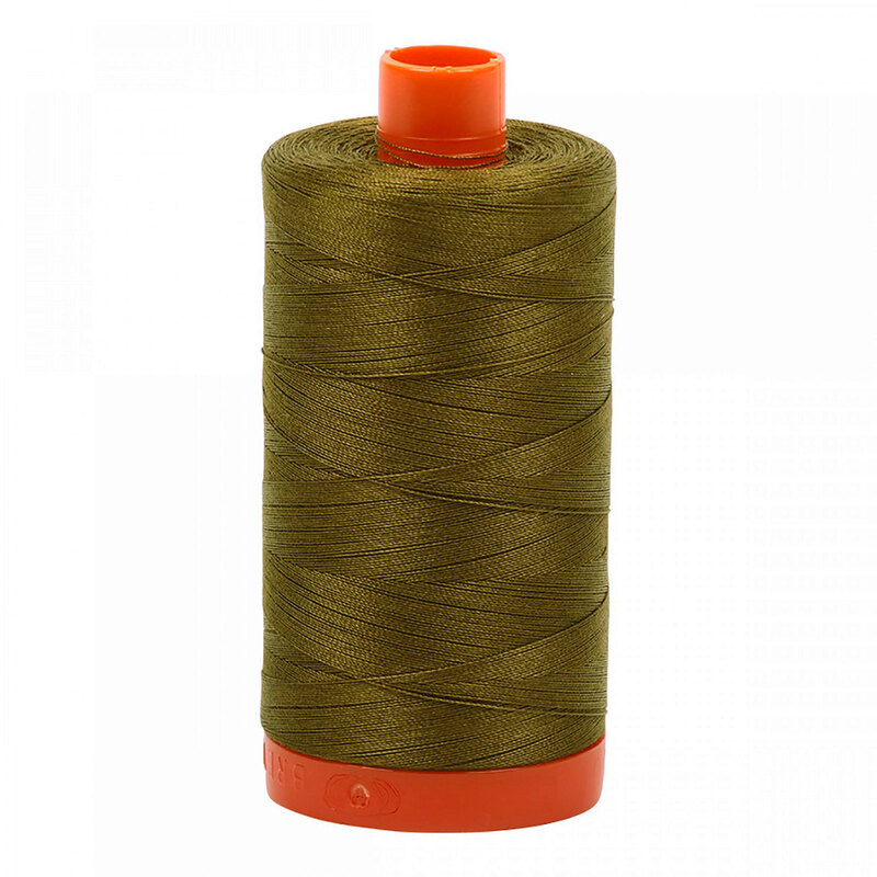 A spool of Aurifil 4173 - Dark Olive thread on a white background