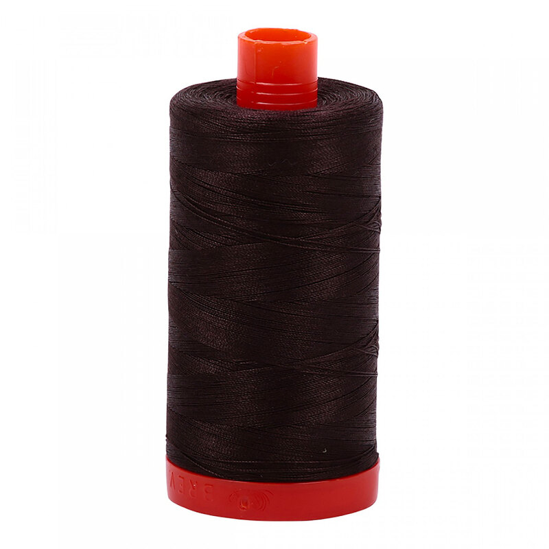 A spool of Aurifil 1130 - Very Dark Bark thread on a white background