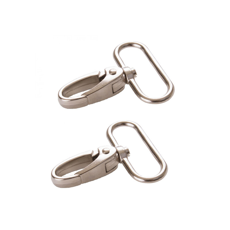 2 nickel-plated metal swivel hooks on rings on a white background