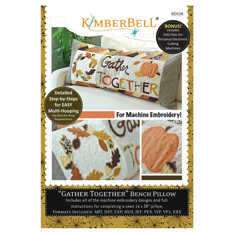 Front cover of an embroidery CD with a white and brown background and photos of a thanksgiving themed pillow on it