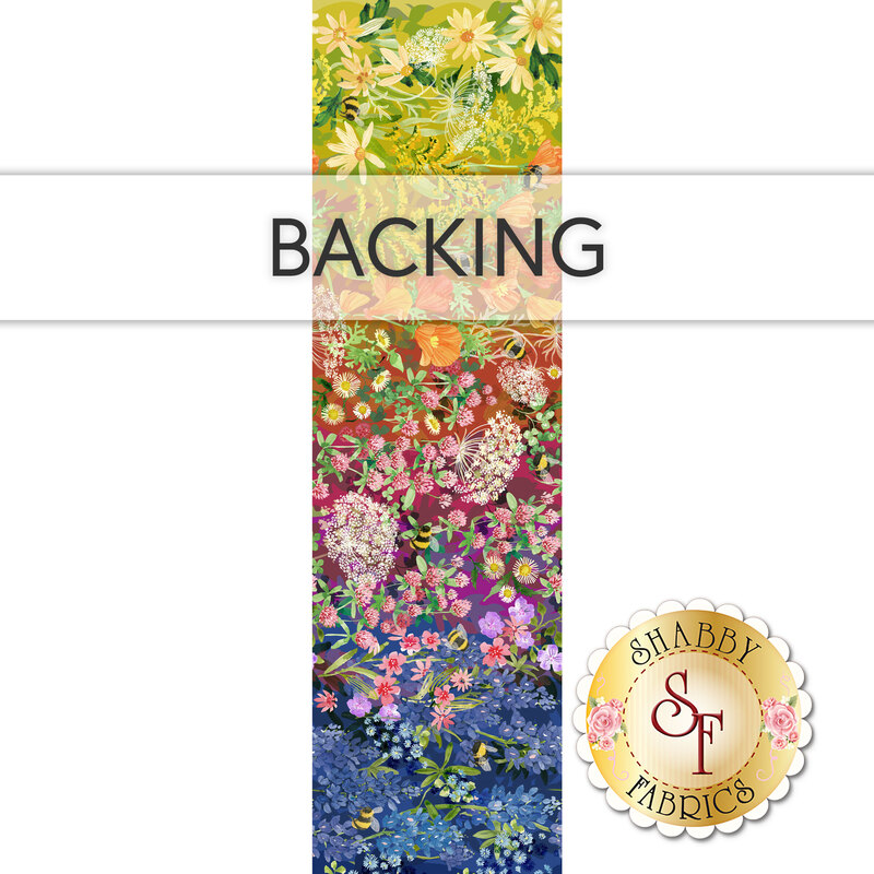 Full width of fabric image of ombre fabric moving from a gradient of yellow to magenta to blue and covered with flowers and bees with a blue banner at the top that reads 