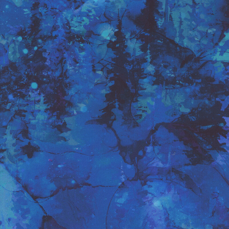 Marbled and mottled indigo, purple, and aqua impressions of coniferous trees