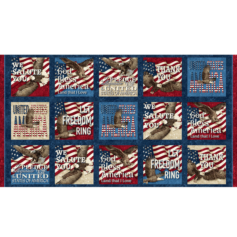 Panel of fifteen unique and evenly spaced boxes, arranged in a 3x5 grid, featuring various americana, from fonts to flags to eagles