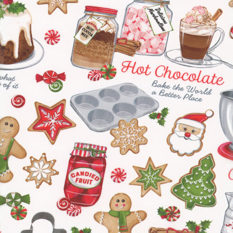 Novelty print with scattered cookie paraphernalia, from gingerbread men to cookie cutters, little candies to jars and canisters of cookie mixes and ingredients