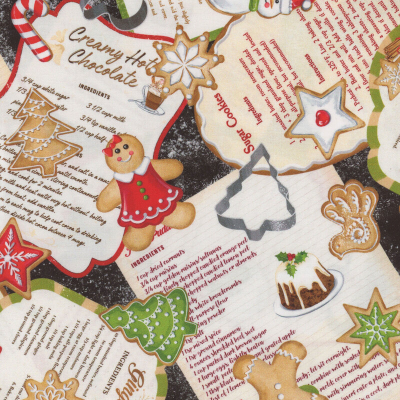 Novelty print with scattered holiday recipe cards and gingerbread cookies