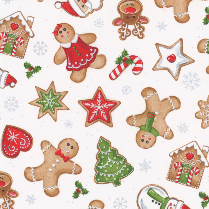 Tossed and scattered gingerbread people as well as various christmas cookie shapes are set against a white background. Little silver snowflakes flutter about the white background!