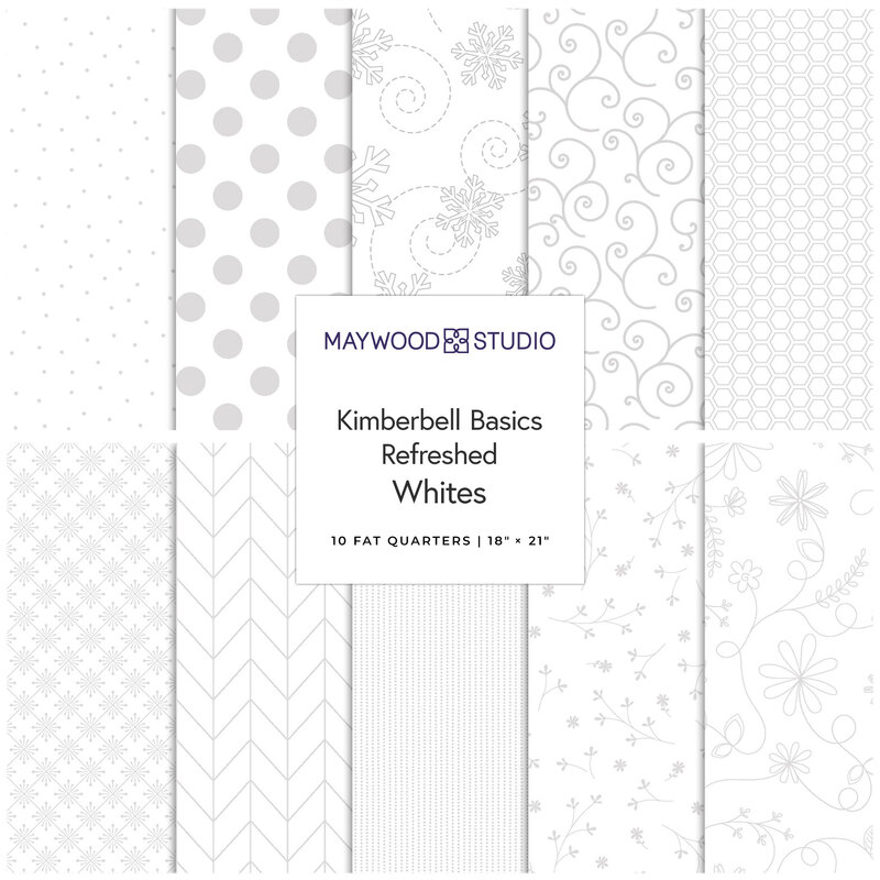 graphic showing all fabrics in the kimberbell basics refreshed complete FQ set, in all white