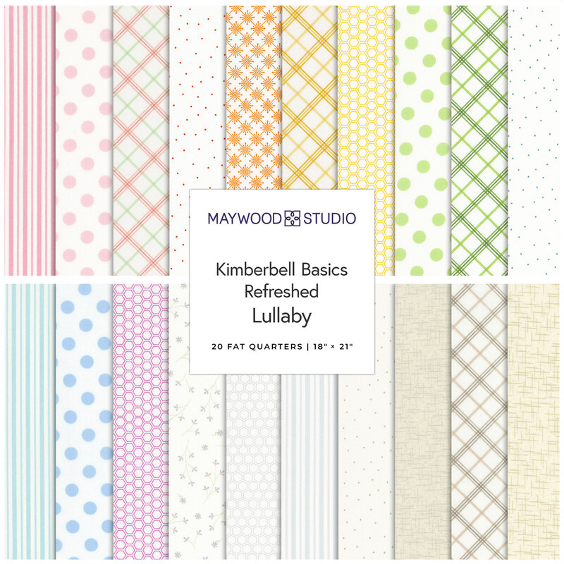 graphic showing all fabrics in the kimberbell basics refreshed lullaby FQ set, in a light rainbow of colors