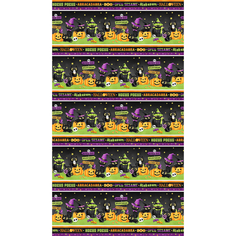 fun border stripe fabric featuring rows of black cats, sitting amidst adorable jack o' lanterns, candy, and cauldrons, with stripes of Halloween words in between, such as 