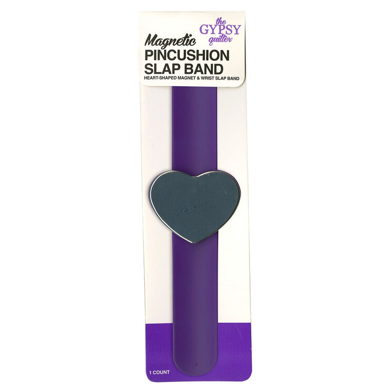 Magnetic pincushion slap band in purple with a heart-shaped magnet.