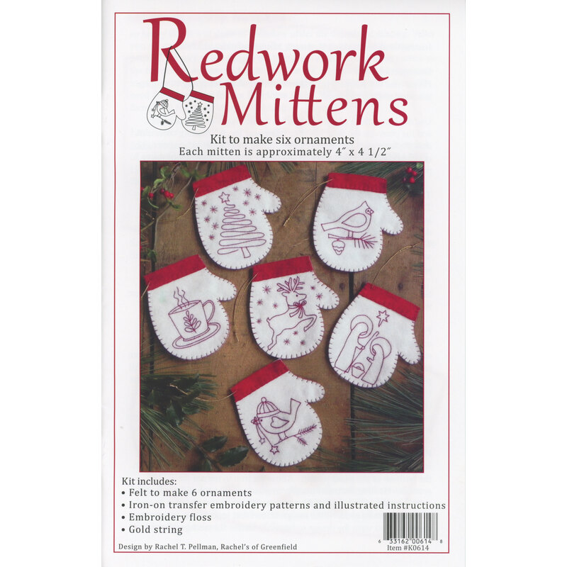 Photo of the front side of the redwork mittens pattern booklet showing the finished project and designer information