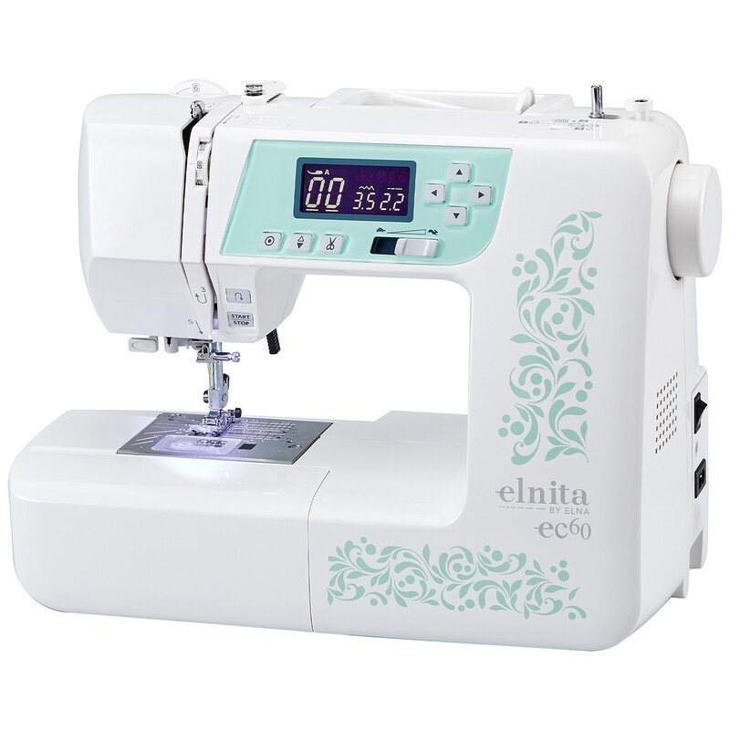 A white sewing machine with a digital display and decorative floral design on the side.