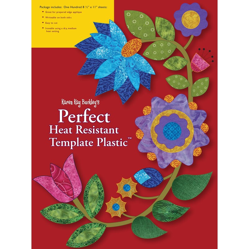 A product package for heat-resistant template plastic that features a colorful floral design on a red background.