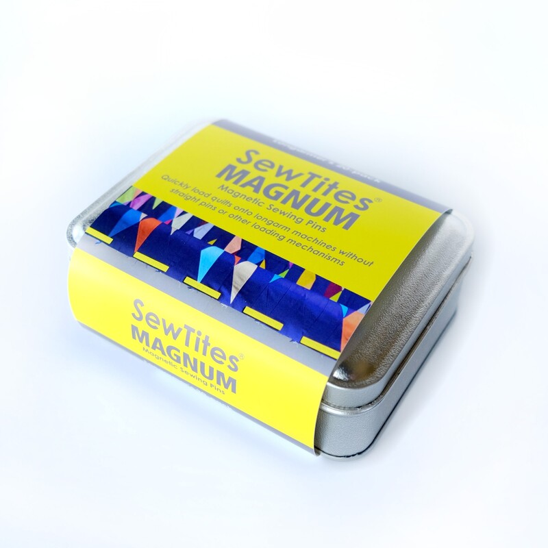 Tin container of SewTites MAGNUM with a colorful yellow and blue label.