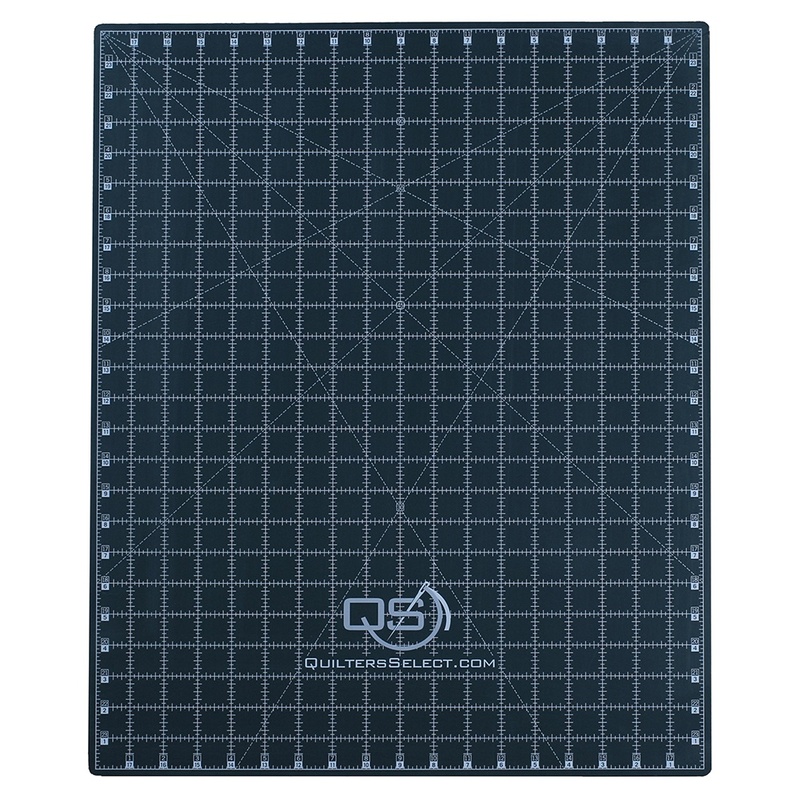 Black cutting mat with grid lines and measurement markings, featuring the Quilters Select logo.