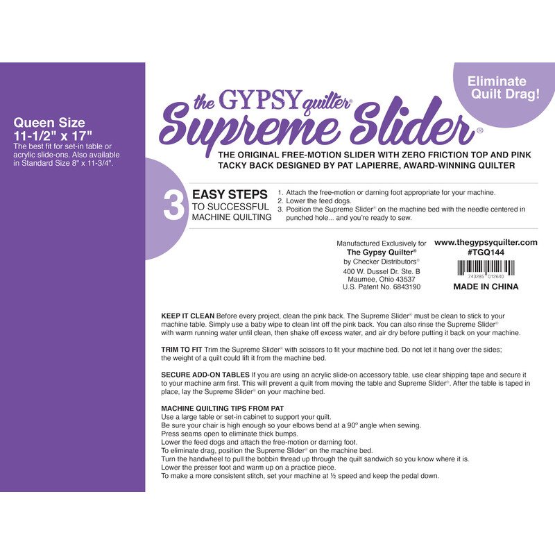 Supreme Slider front page of packaging, listing use and care instructions