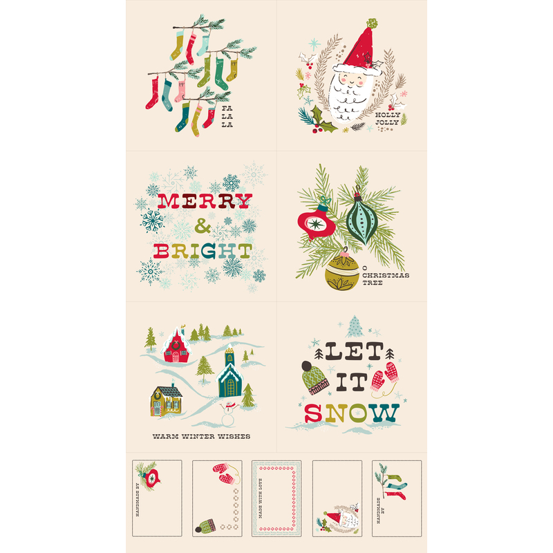 digital image of cozy wonderland panel in cream, with 6 different Christmas saying and images and 5 fabric gift tags, on white background