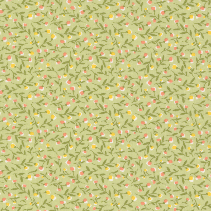 Swatch of light green fabric with packed pastel flowers