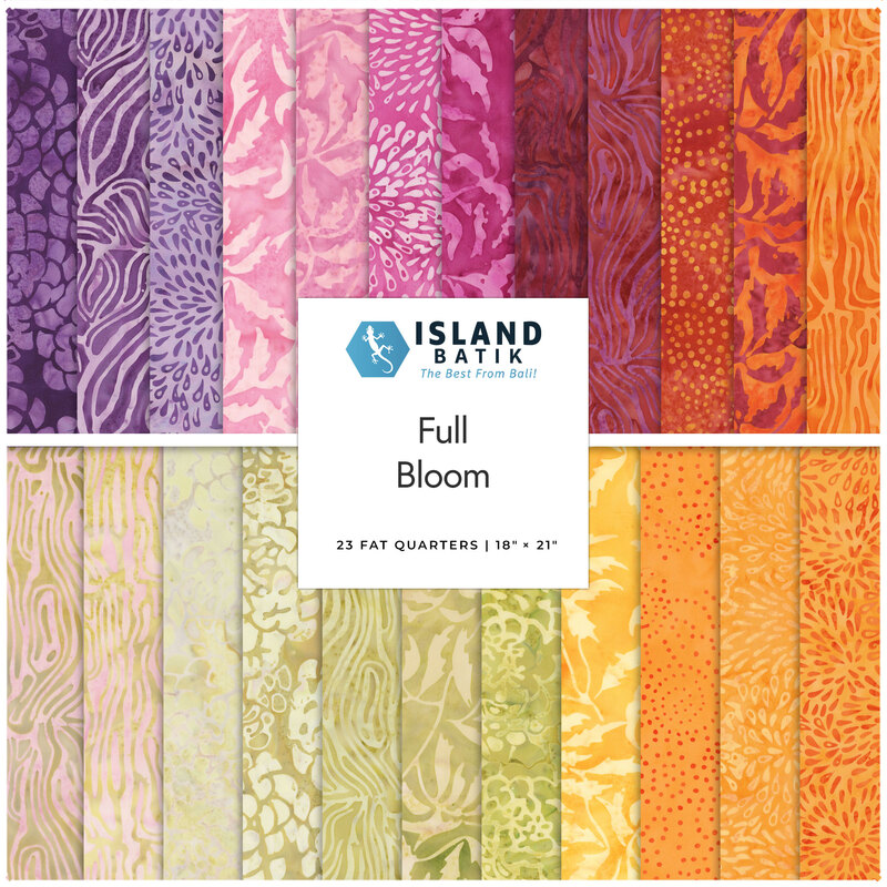 Purple, green, pink, and orange fabric squares showing what is included in the set.