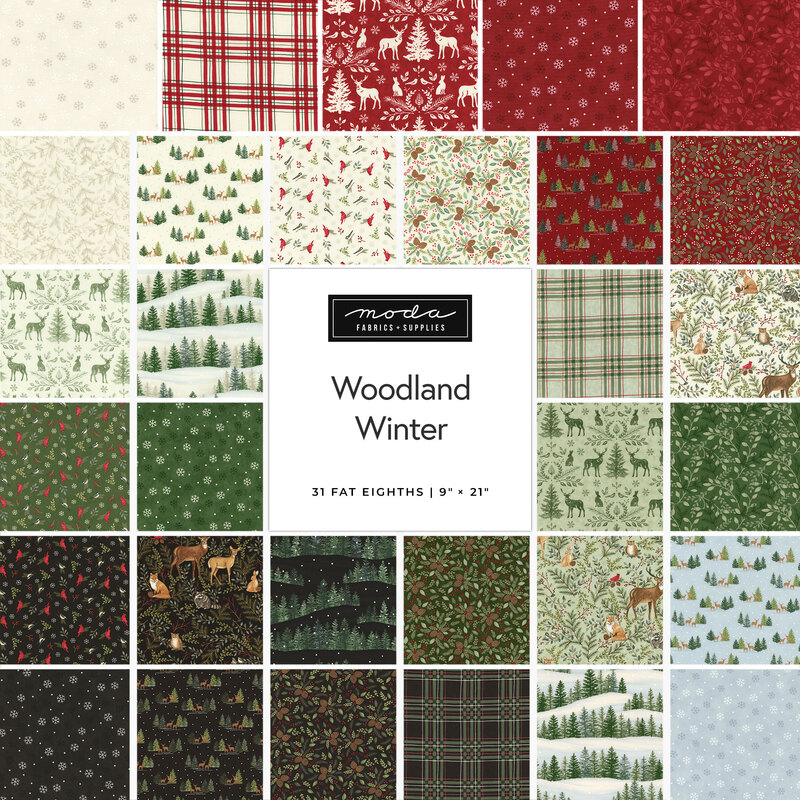 collage of all woodland winter fabrics, featuring fabrics with images of the woods and woodland creatures in shades of red, white, green, black, and light blue 