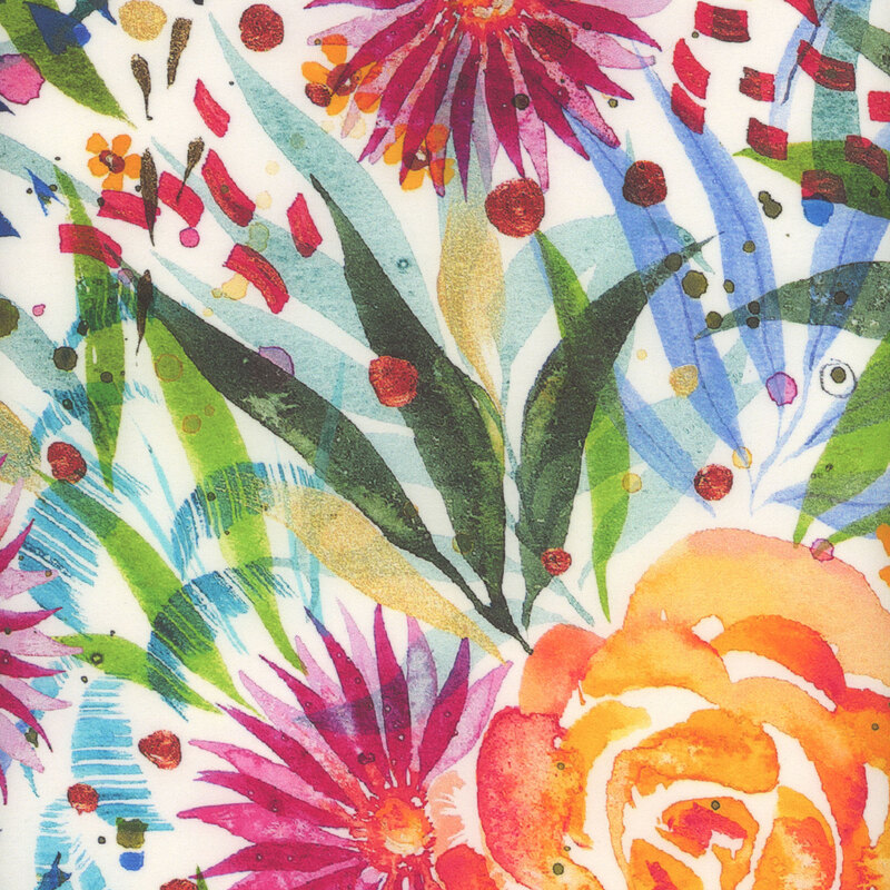 packed bright watercolor flower and foliage fabric with a white background