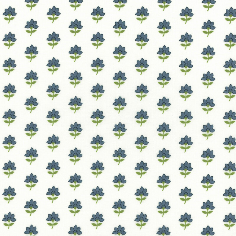 light cream fabric with diagonal rows of dark blue flowers