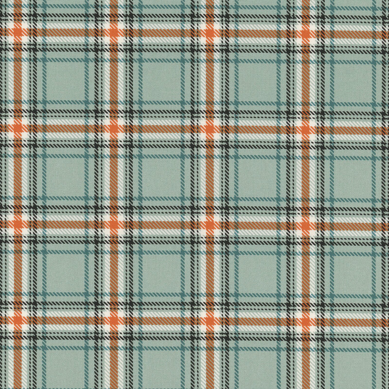 Dusty blue, black, and orange plaid fabric