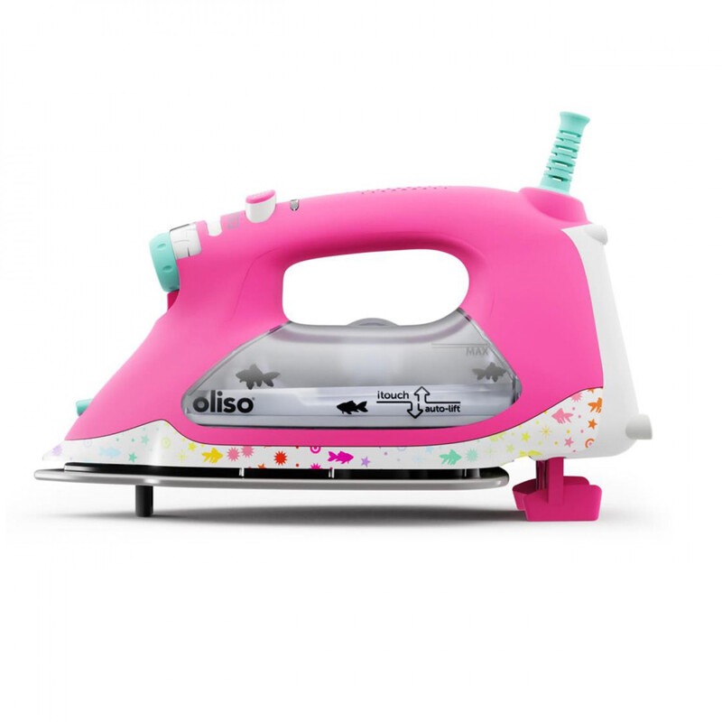 A pink Oliso steam iron with a clear water tank and colorful fish designs.