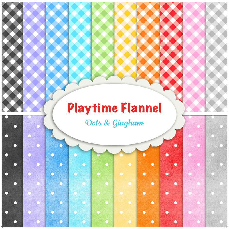 Collage of colorful gingham and polka dots fabrics included in the Playtime Flannel Dots & Gingham FQ set.