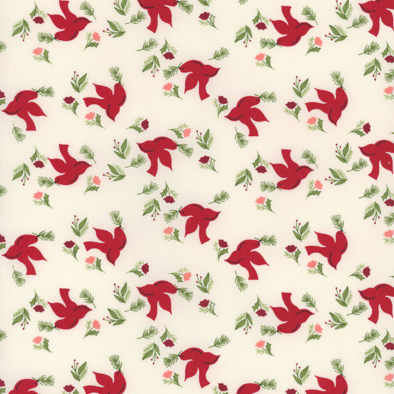 Cream fabric featuring red birds with pink and red flowers tossed all over.