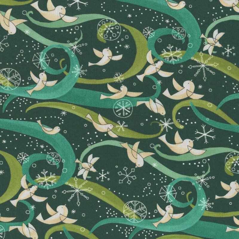 white doves flying amidst white snowflake outlines pop against the deep teal background fabric with teal and light green swirls