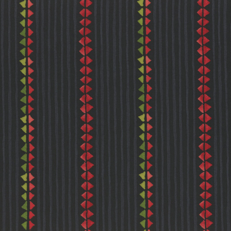 lovely black fabric with thin charcoal striping and green and red triangle stripes