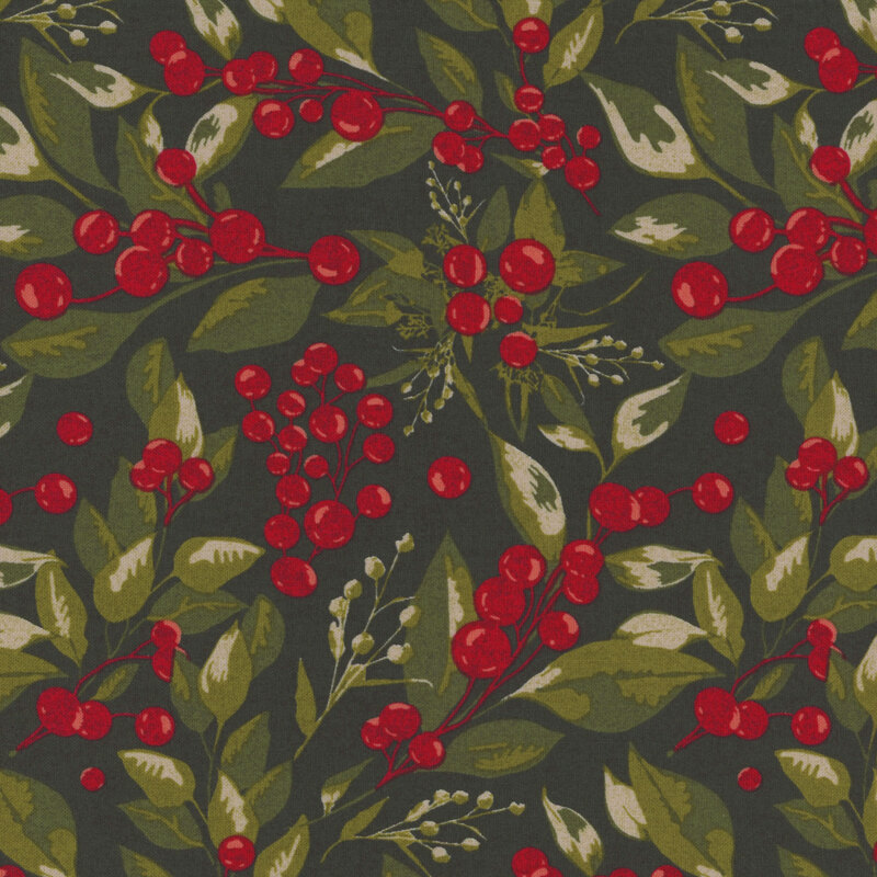 lovely dark green fabric with packed green leaves and vivid red berries