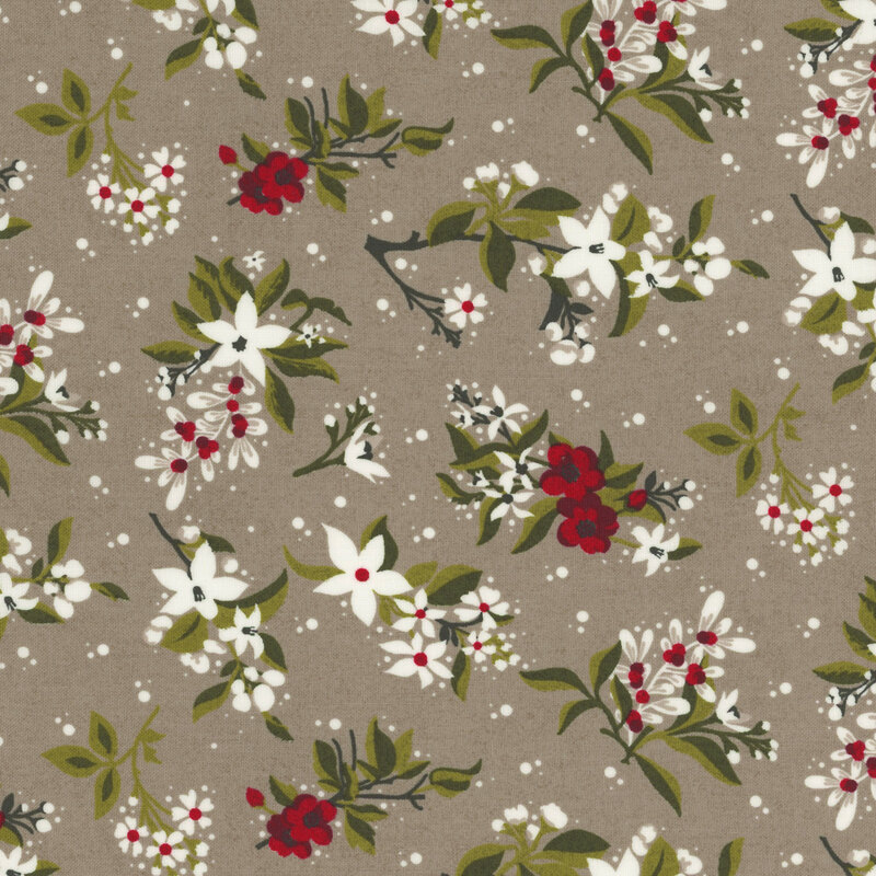 gorgeous warm taupe fabric with scattered red and white flowers, green leaves, and tossed white dots